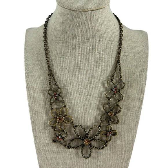 Vtg Nina Ricco Avon Brass Tone Floral Statement Necklace Rhinestones Boho Bib - Picture 10 of 10